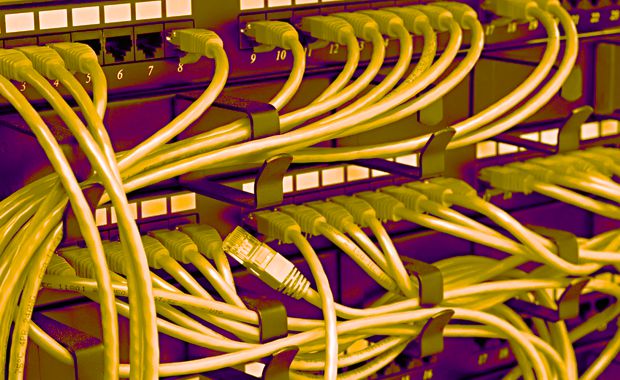 Patch Panel server rack with yellow cords